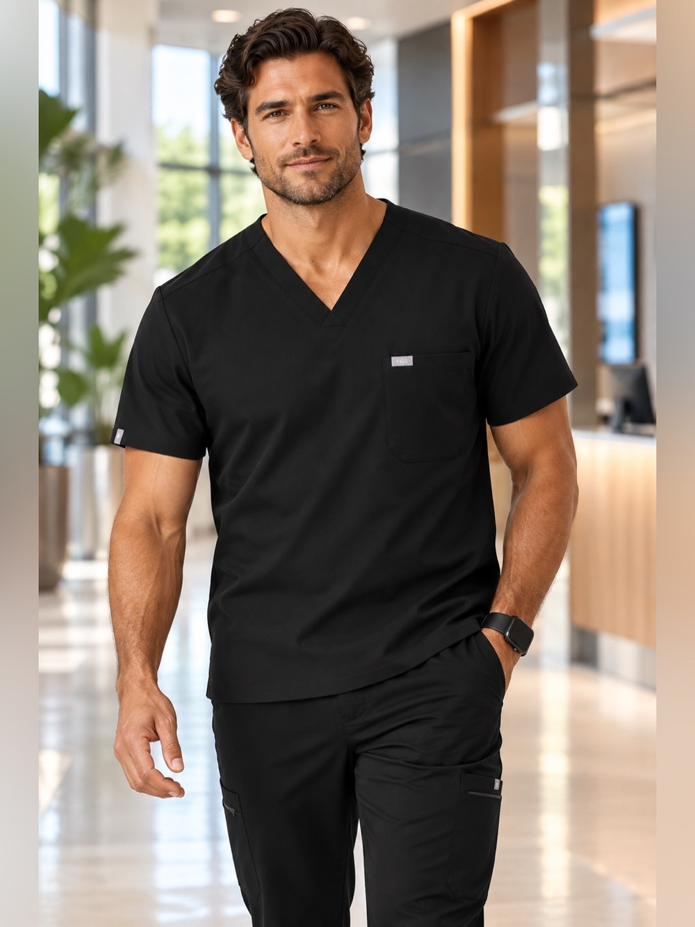 FIGS Technical Collection FIONx Chisec 3 Pocket V-Neck Scrub Top Black Sz L NWOT